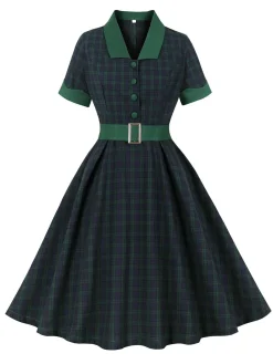 Fashion Retro Stage 1950s Blackwatch Tartan Lapel Dress Green