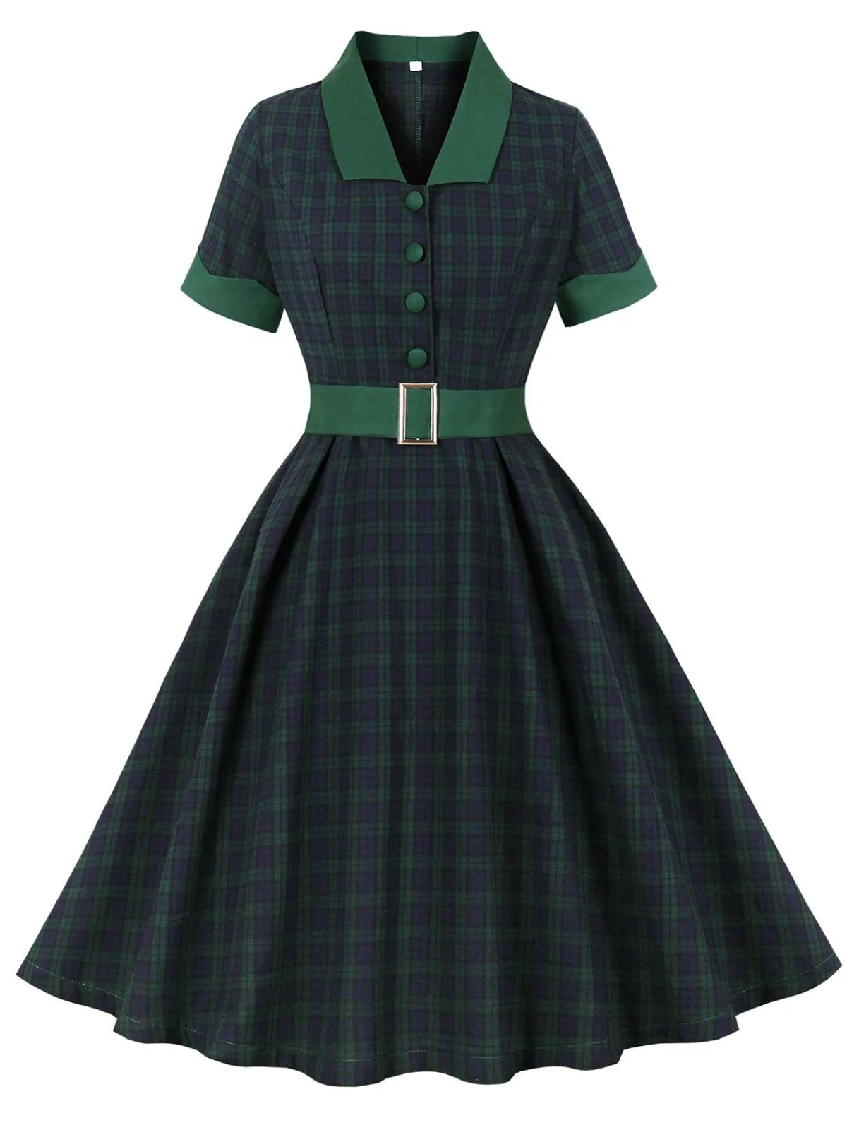 Fashion Retro Stage 1950s Blackwatch Tartan Lapel Dress Green