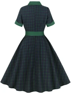 Fashion Retro Stage 1950s Blackwatch Tartan Lapel Dress Green