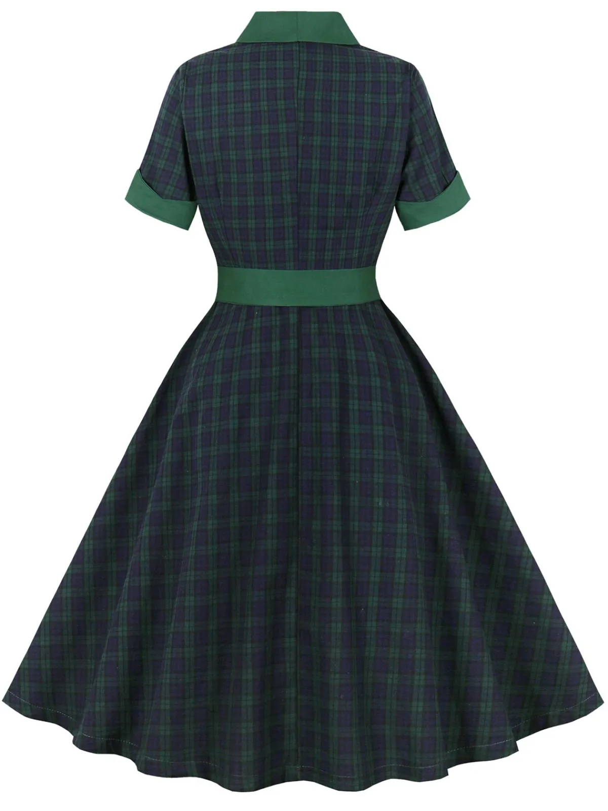 Fashion Retro Stage 1950s Blackwatch Tartan Lapel Dress Green
