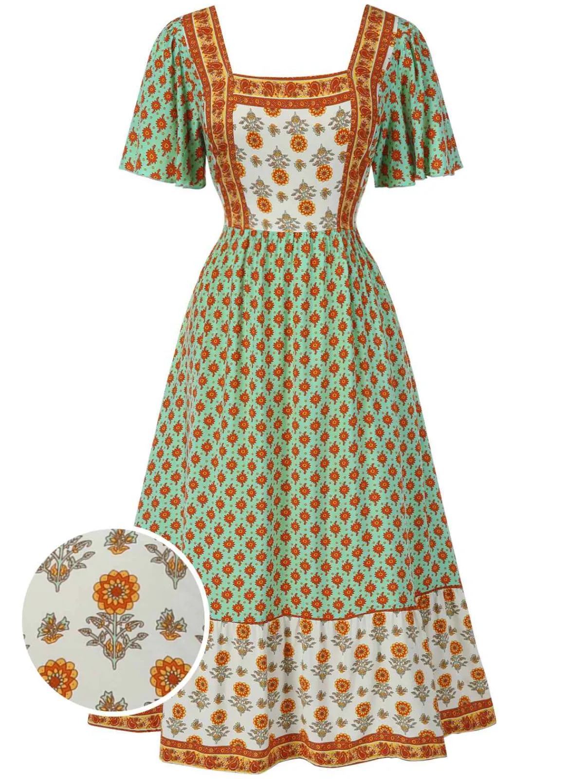 Fashion Retro Stage 1970s Bohemian Square Neck Floral Dress Green