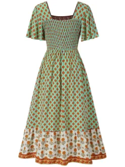 Fashion Retro Stage 1970s Bohemian Square Neck Floral Dress Green