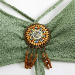 Clearance Retro Stage 1970s Boho Beaded Bikini Set & Ruched Cover-Up Green
