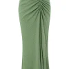 New Retro Stage Green 1970s Boho Ruched Solid Cover-Up