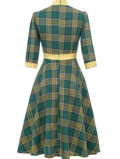 Best Retro Stage 1950s Bowknot Tie Plaid Dress Green