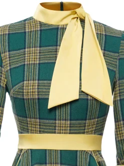 Best Retro Stage 1950s Bowknot Tie Plaid Dress Green
