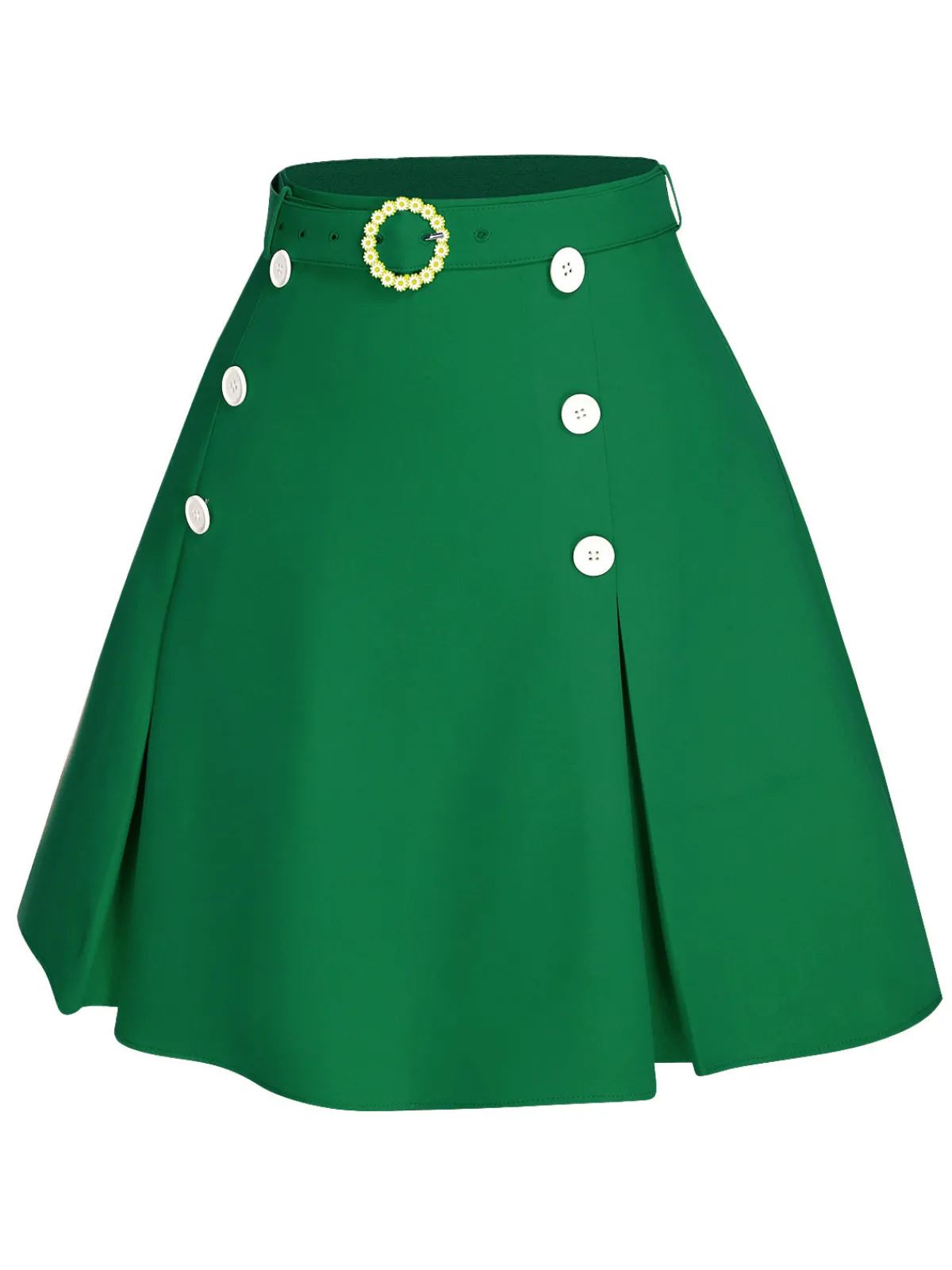 Online Retro Stage Green 1960s Button Solid Belted Skirt