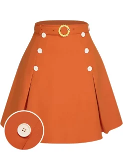 Online Retro Stage Green 1960s Button Solid Belted Skirt