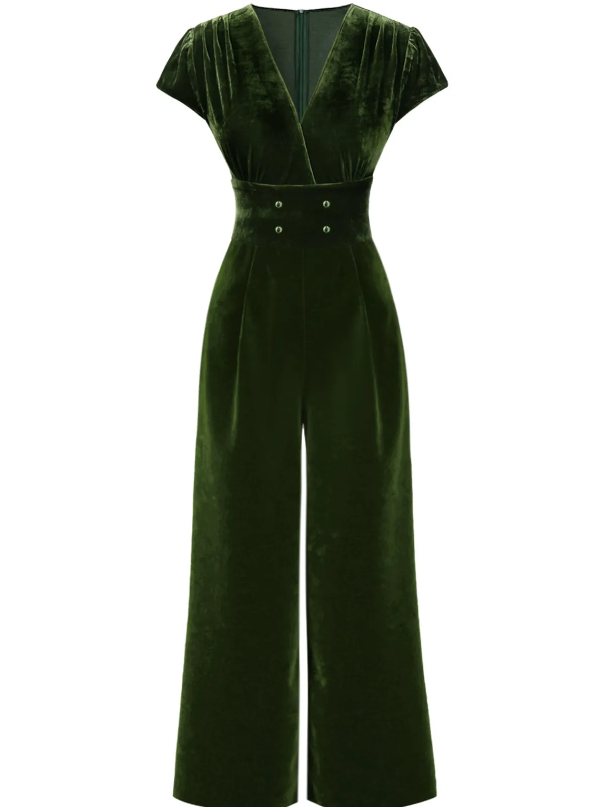 Hot Retro Stage 1930s Buttoned V-Neck Velvet Jumpsuit Green
