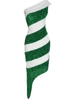 Clearance Retro Stage Green 1960s Candy Cane One-Shoulder Dress
