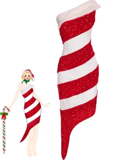 Clearance Retro Stage Green 1960s Candy Cane One-Shoulder Dress