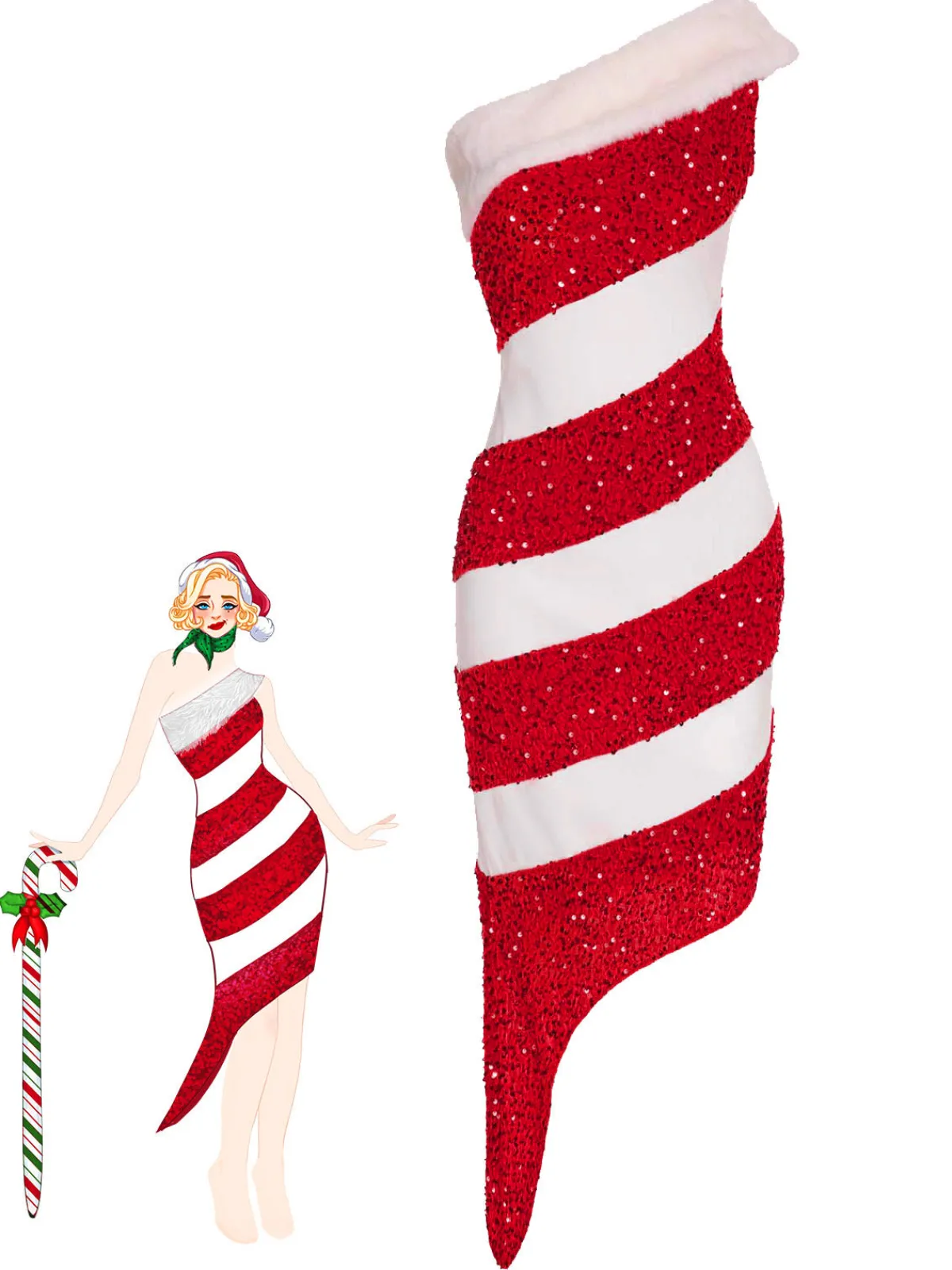 Clearance Retro Stage Green 1960s Candy Cane One-Shoulder Dress