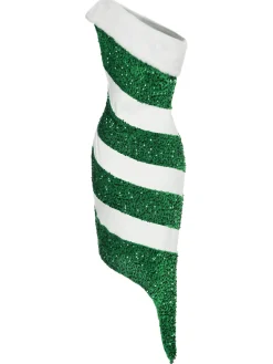 Clearance Retro Stage Green 1960s Candy Cane One-Shoulder Dress