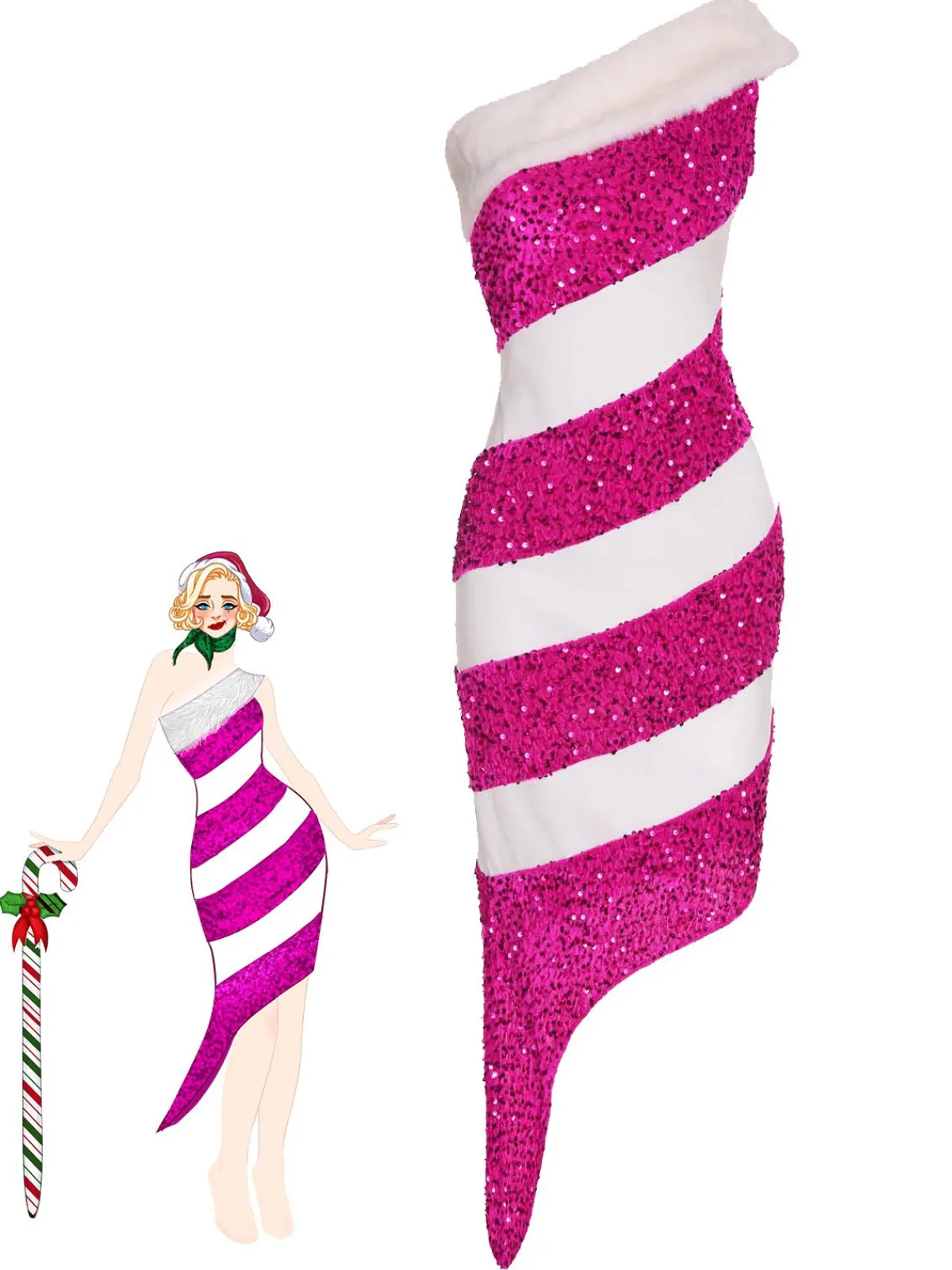 Clearance Retro Stage Green 1960s Candy Cane One-Shoulder Dress