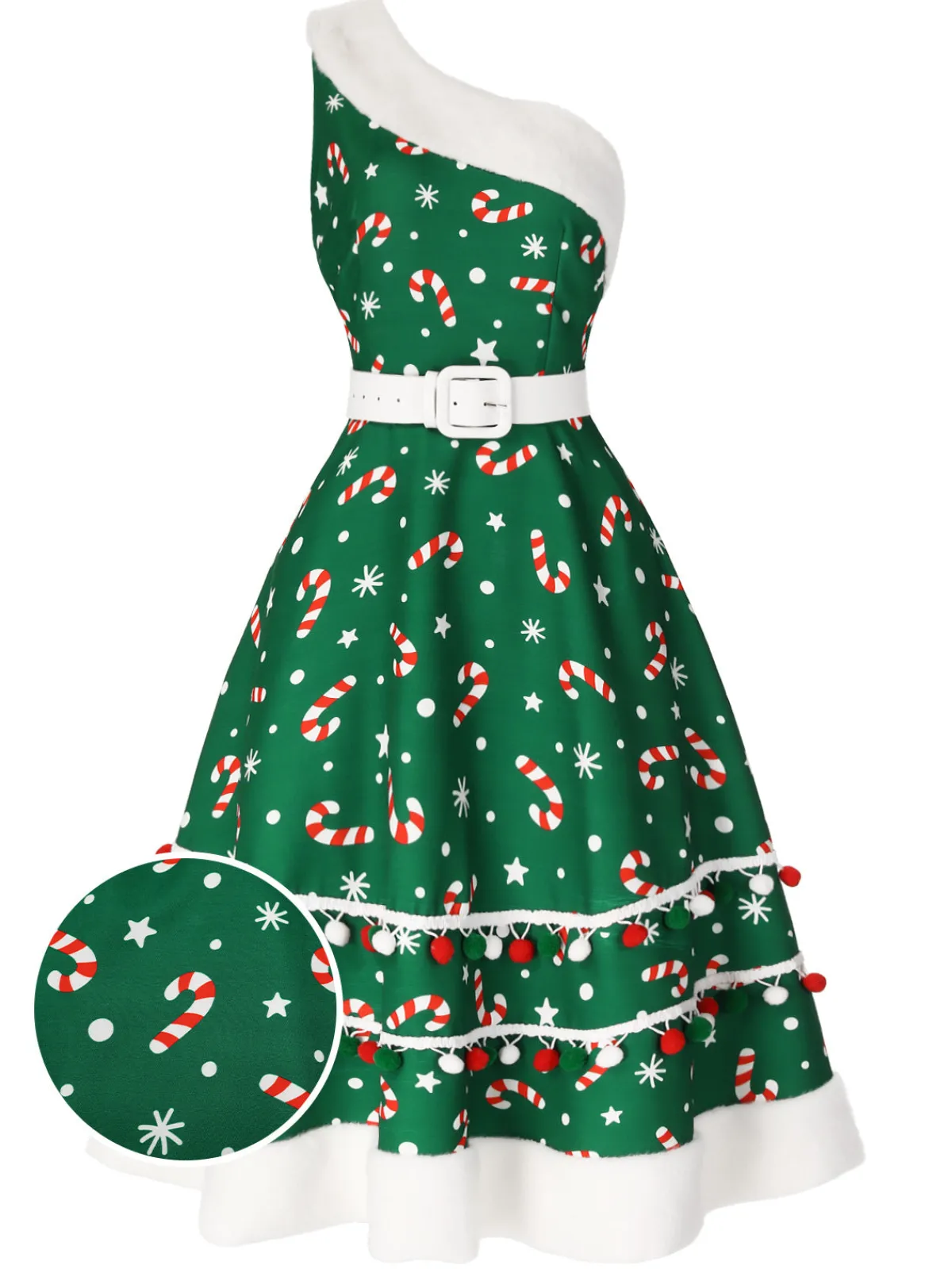 Fashion Retro Stage Green 1950s Candy Cane One-Shoulder Dress