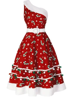 Fashion Retro Stage Green 1950s Candy Cane One-Shoulder Dress