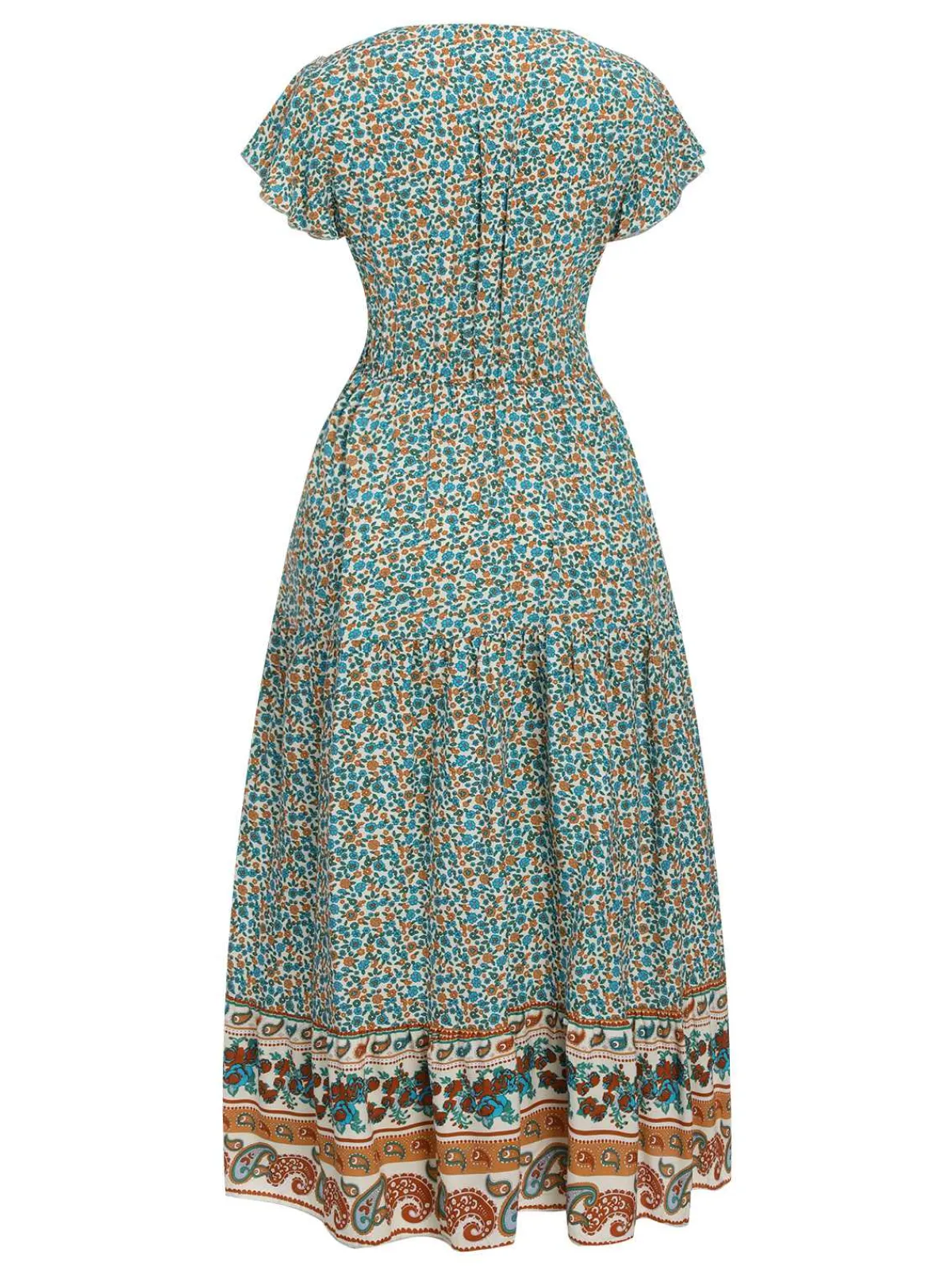 Hot Retro Stage 1970s Cap Sleeve Bohemian Dress Green