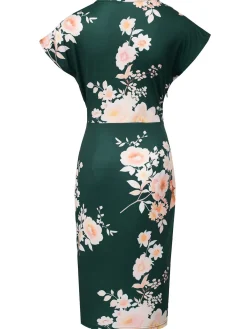Sale Retro Stage 1960s Cap Sleeves Floral Pencil Dress Green