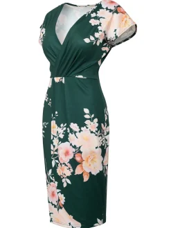 Sale Retro Stage 1960s Cap Sleeves Floral Pencil Dress Green