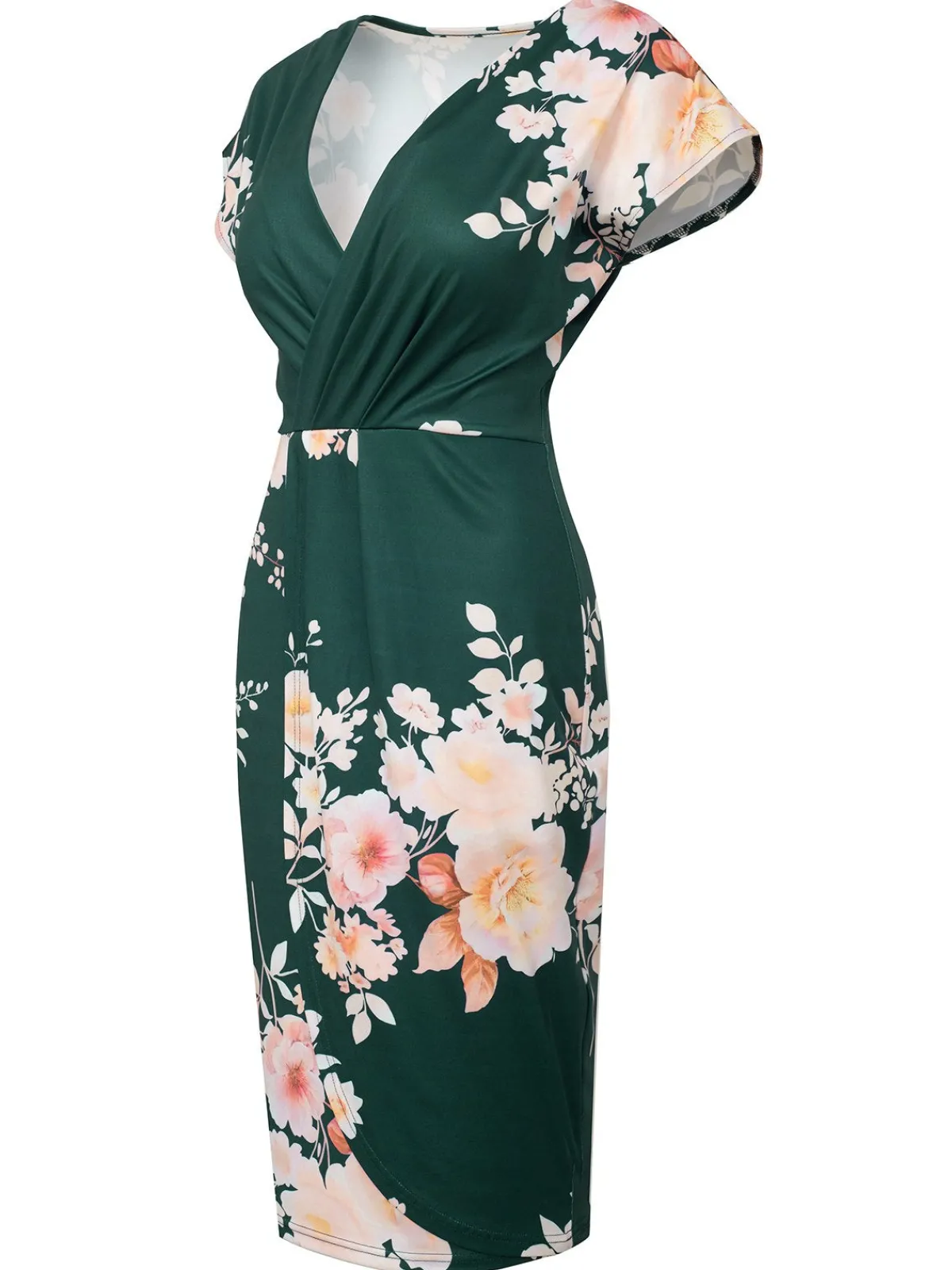 Sale Retro Stage 1960s Cap Sleeves Floral Pencil Dress Green