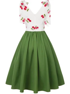 New Retro Stage 1950s Cherry V-Neck Mesh Patchwork Dress Green