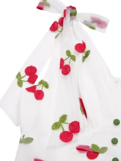 New Retro Stage 1950s Cherry V-Neck Mesh Patchwork Dress Green