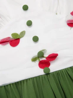 New Retro Stage 1950s Cherry V-Neck Mesh Patchwork Dress Green