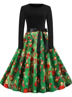 Fashion Retro Stage 1950s Christmas Bow Belted Swing Dress Green