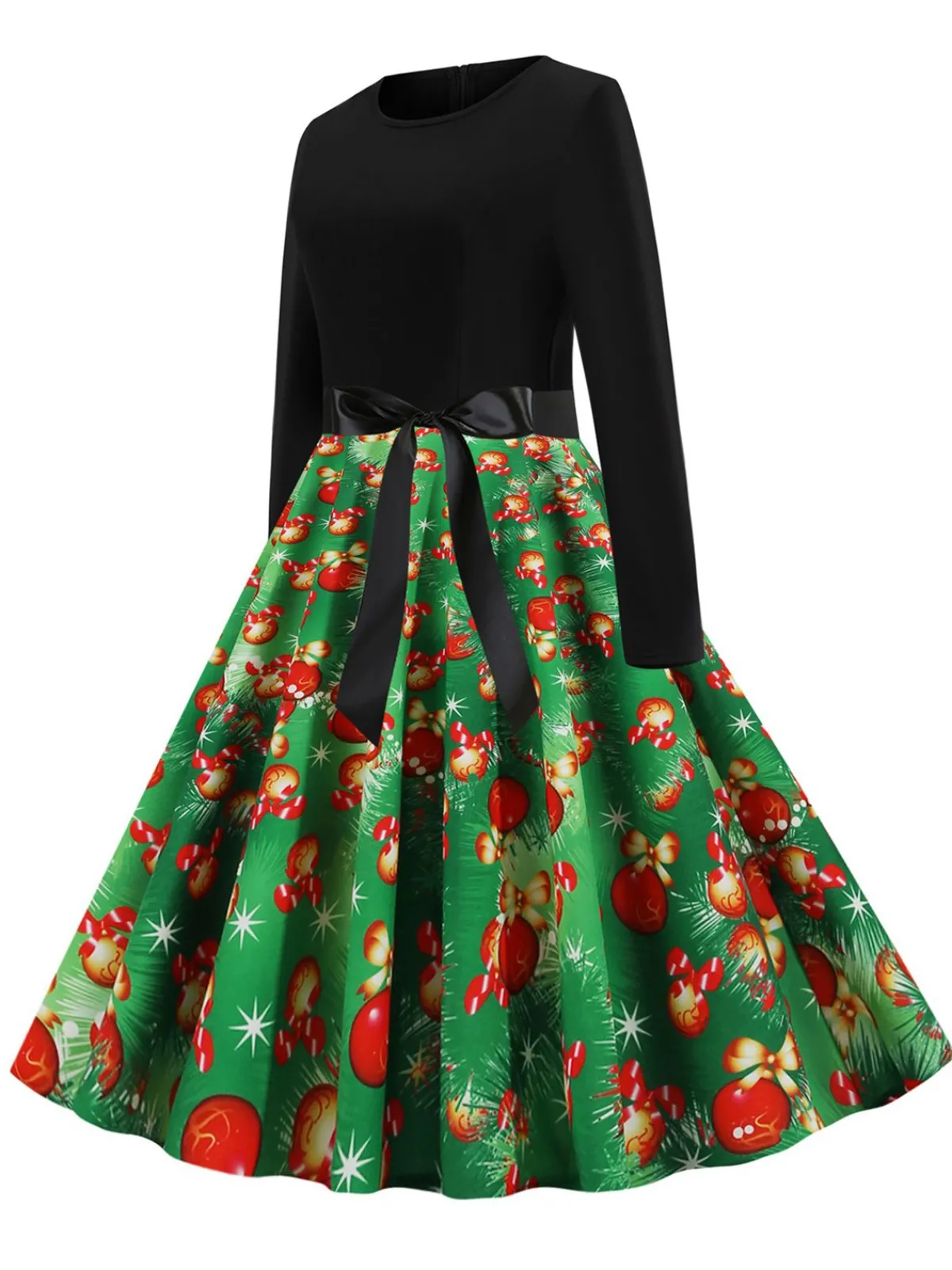 Fashion Retro Stage 1950s Christmas Bow Belted Swing Dress Green