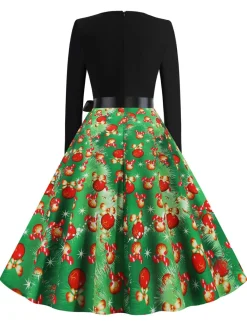 Fashion Retro Stage 1950s Christmas Bow Belted Swing Dress Green