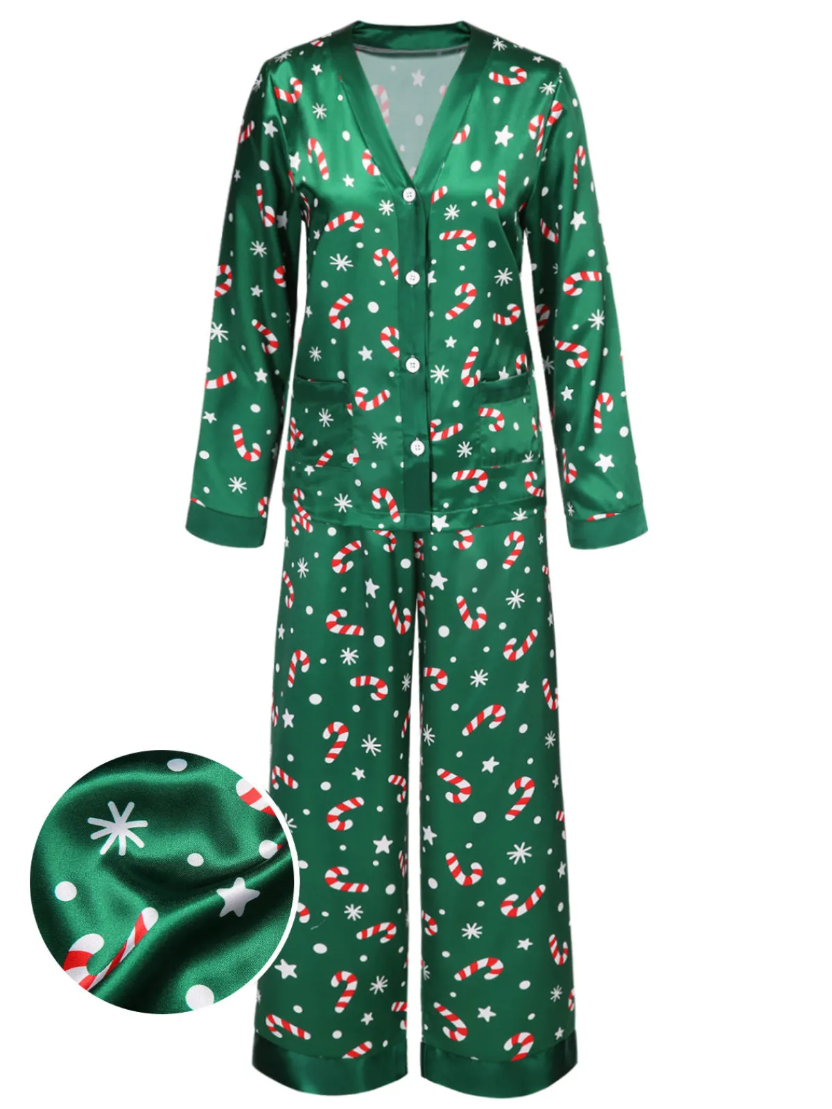 Discount Retro Stage 1970s Christmas Candy Cane Pajama Set Green
