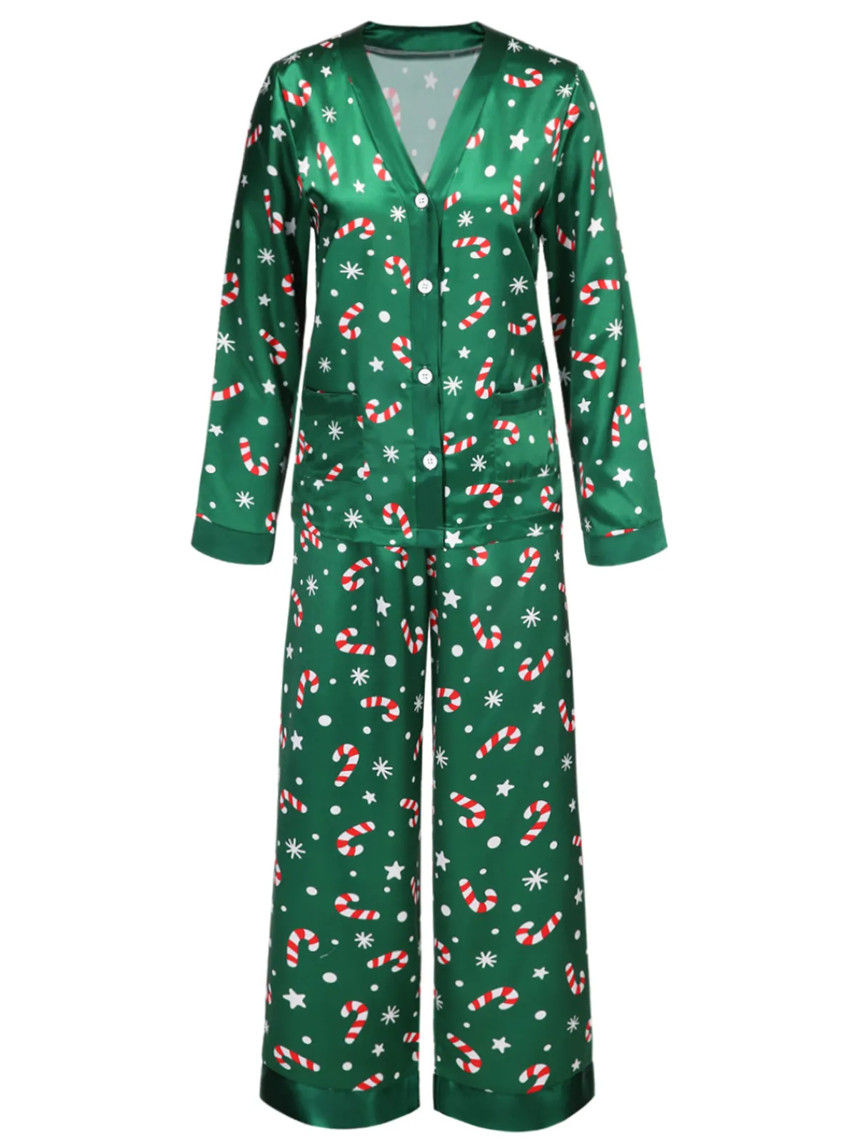 Discount Retro Stage 1970s Christmas Candy Cane Pajama Set Green