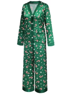Discount Retro Stage 1970s Christmas Candy Cane Pajama Set Green