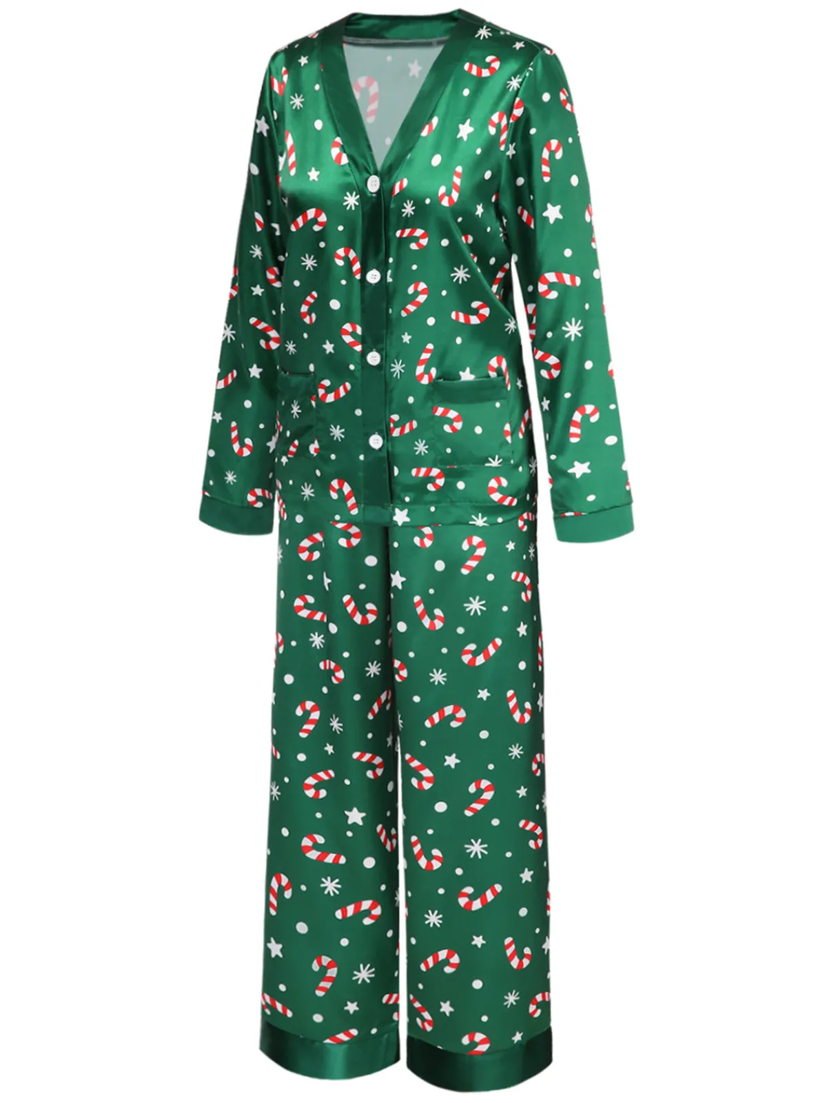 Discount Retro Stage 1970s Christmas Candy Cane Pajama Set Green