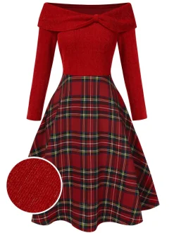 Discount Retro Stage Green 1950s Christmas Off Shoulder Tartan Dress