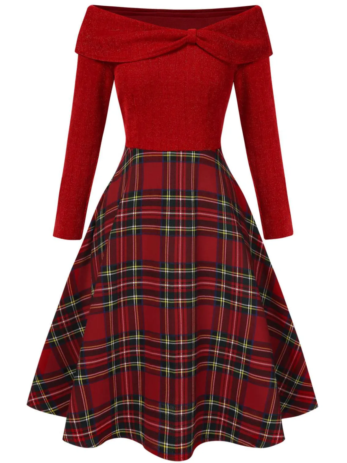 Discount Retro Stage Green 1950s Christmas Off Shoulder Tartan Dress