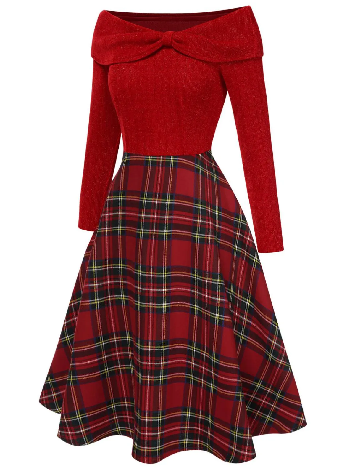Discount Retro Stage Green 1950s Christmas Off Shoulder Tartan Dress