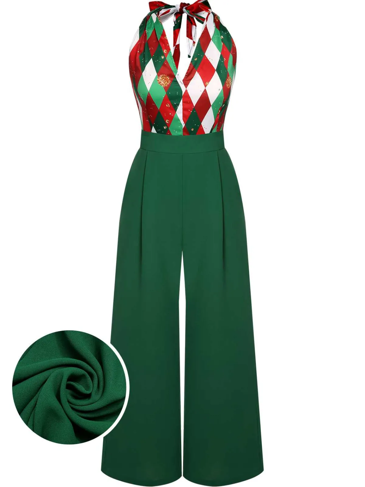 Hot Retro Stage Green 1930s Christmas Plaid Lace Patchwork Jumpsuit