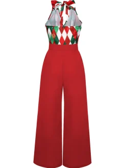 Hot Retro Stage Green 1930s Christmas Plaid Lace Patchwork Jumpsuit