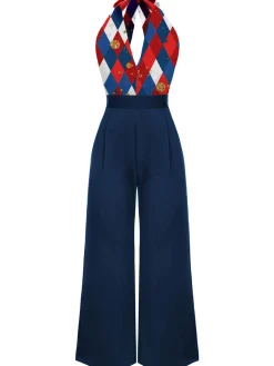 Hot Retro Stage Green 1930s Christmas Plaid Lace Patchwork Jumpsuit