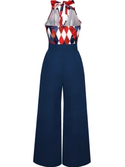 Hot Retro Stage Green 1930s Christmas Plaid Lace Patchwork Jumpsuit