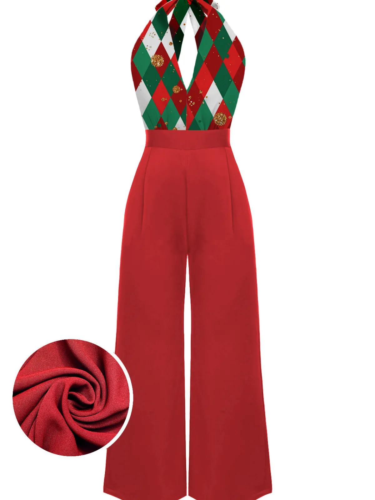 Hot Retro Stage Green 1930s Christmas Plaid Lace Patchwork Jumpsuit
