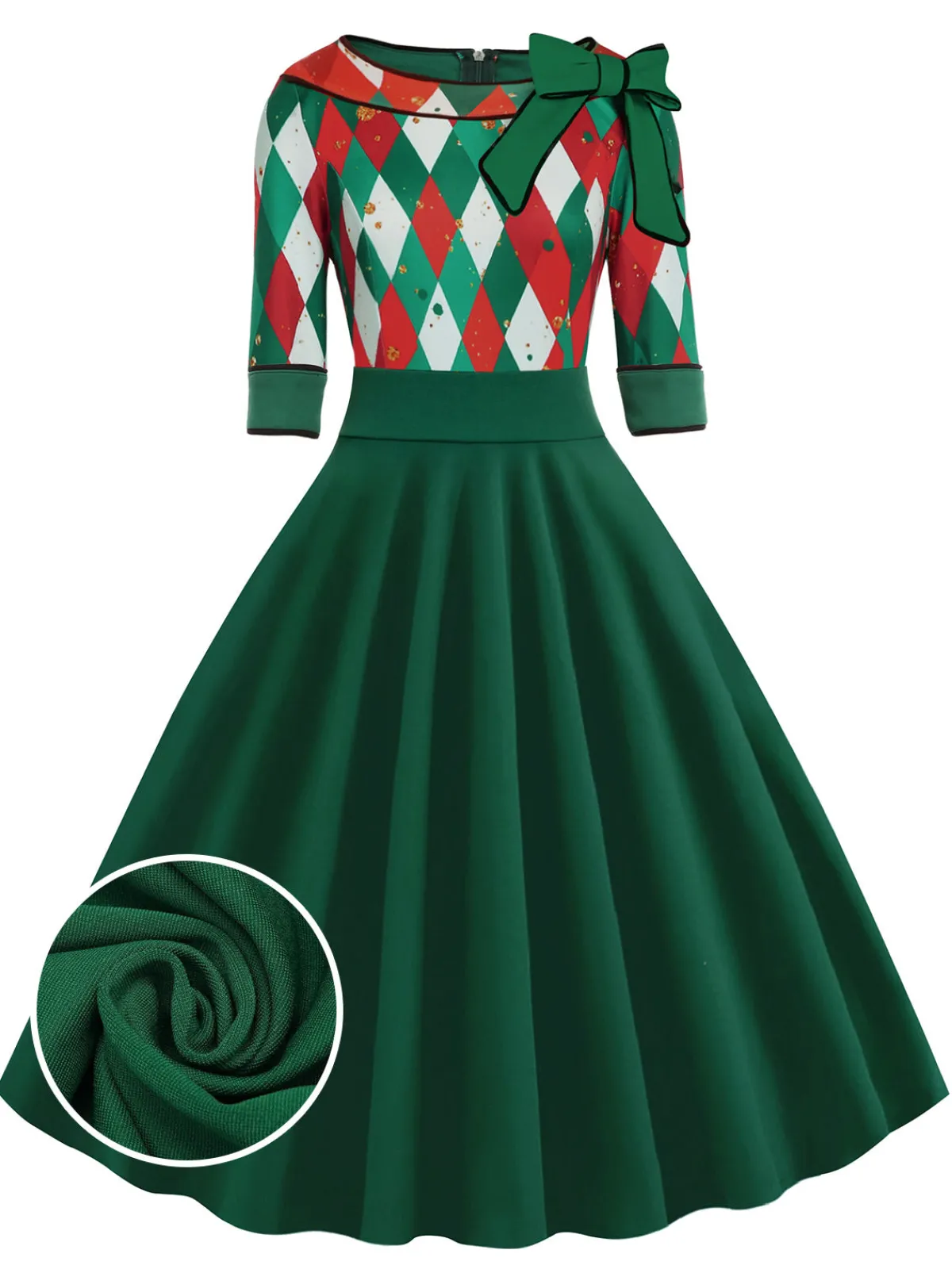 Clearance Retro Stage Green 1950s Christmas Plaid Patchwork Dress