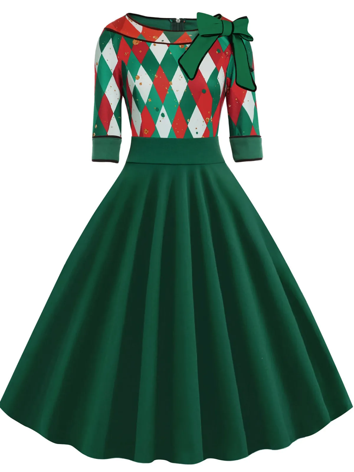 Clearance Retro Stage Green 1950s Christmas Plaid Patchwork Dress
