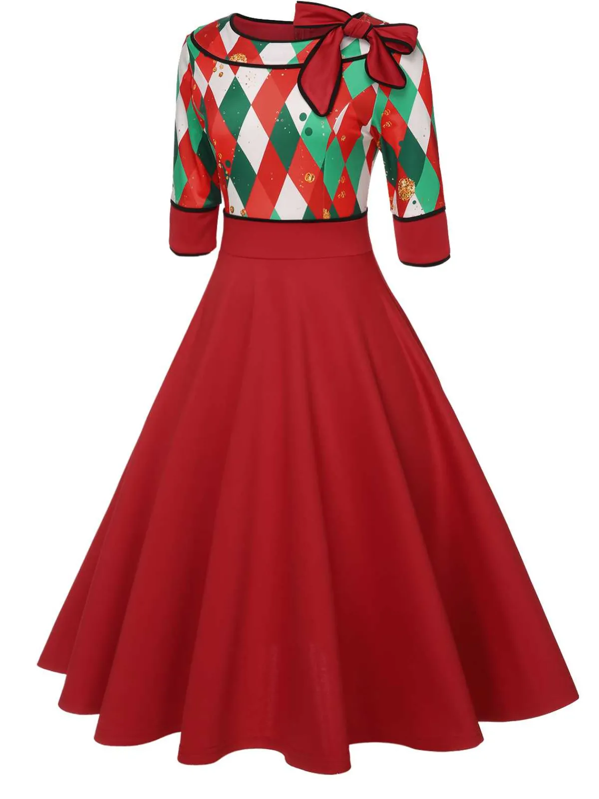 Clearance Retro Stage Green 1950s Christmas Plaid Patchwork Dress