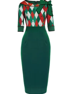 Fashion Retro Stage 1960s Christmas Plaid Patchwork Dress Green