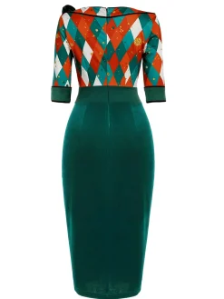 Fashion Retro Stage 1960s Christmas Plaid Patchwork Dress Green
