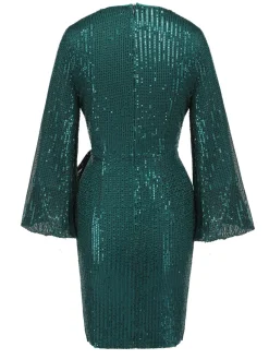 Outlet Retro Stage 1960s Christmas Sequin V-Neck Pencil Dress Green