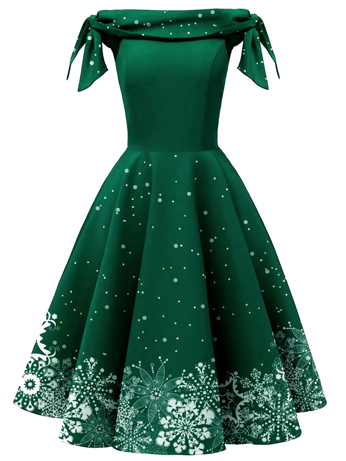 Best Retro Stage Green 1950s Christmas Snowflake Off-Shoulder Dress