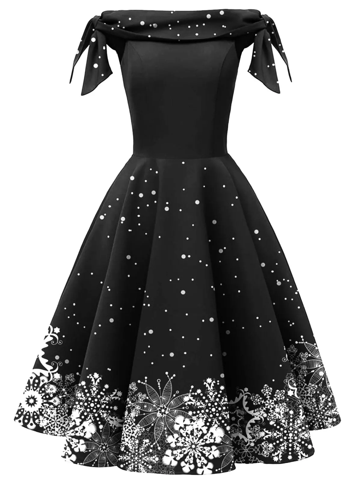 Best Retro Stage Green 1950s Christmas Snowflake Off-Shoulder Dress